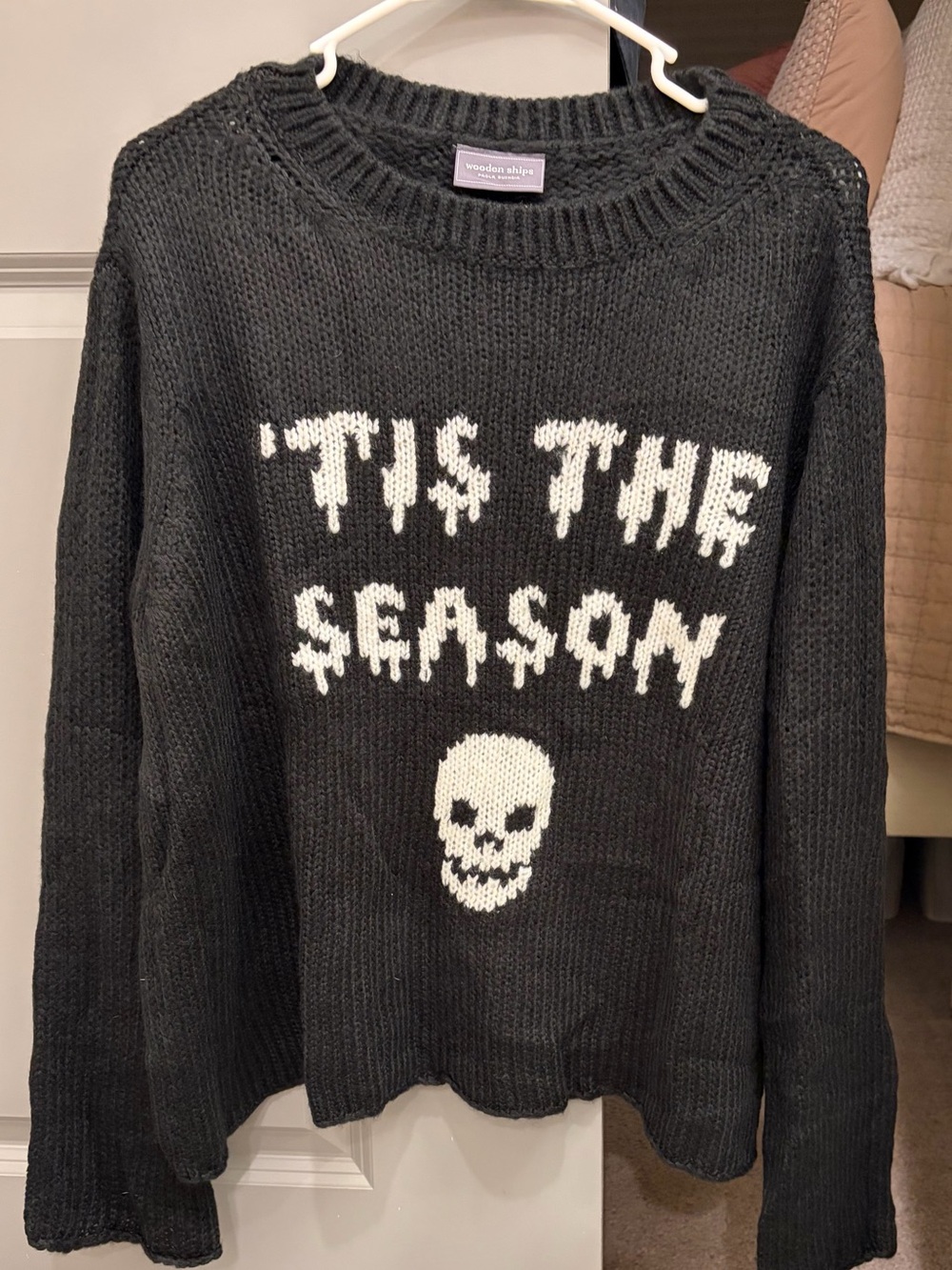 Wooden Ships Black Knit Crewneck Sweater with White 'Tis The Season' Skull